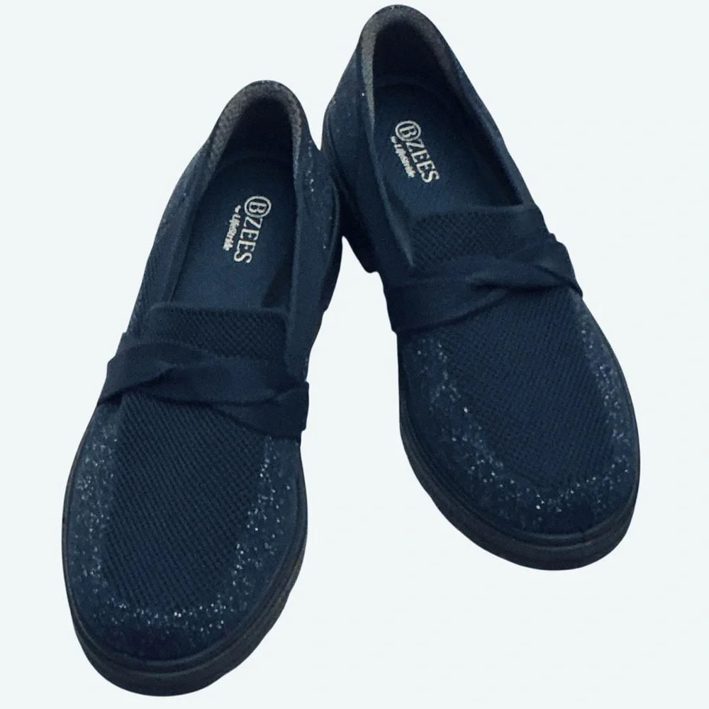 BZEES for LifeStride Muse Bow Sz 7 WIDE Loafers Blue Knit Sparkle Chunky Slip-on